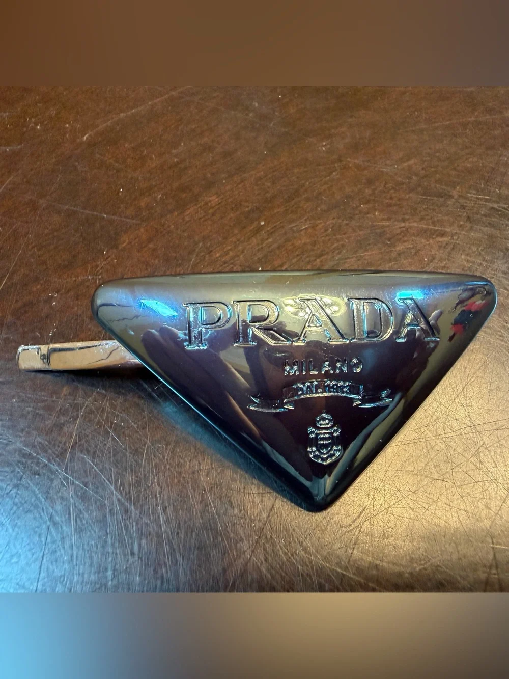 New Authentic Prada Triangle Logo Hair Clip Accessories 2 Pieces Metallic Blue